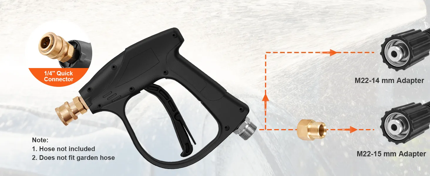VEVOR pressure washer gun with 1/4” quick connector, m22-14 mm, and m22-15 mm adapters.