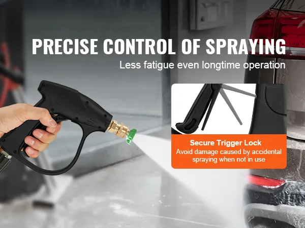 hand holding VEVOR pressure washer gun spraying water, showcasing precise control and secure trigger lock.