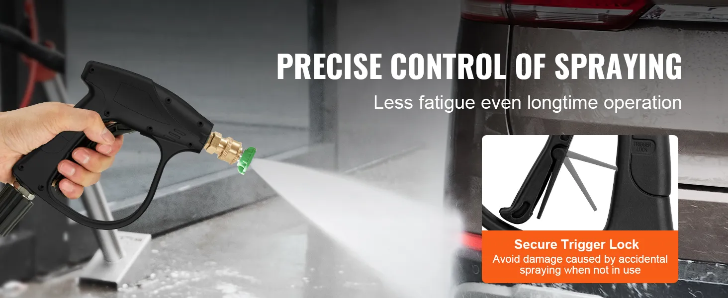hand holding VEVOR pressure washer gun spraying water, showcasing precise control and secure trigger lock.