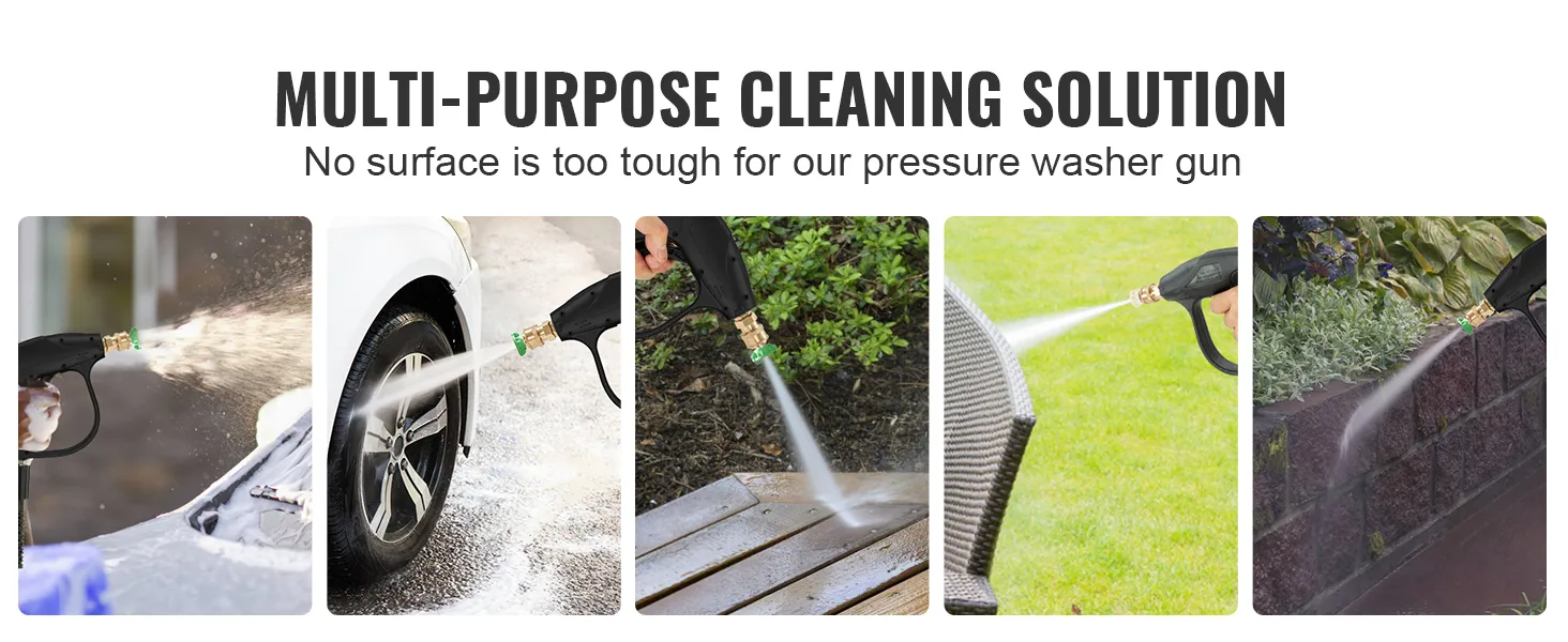 VEVOR pressure washer gun cleaning car wheels, patio, deck, and garden wall with powerful water stream