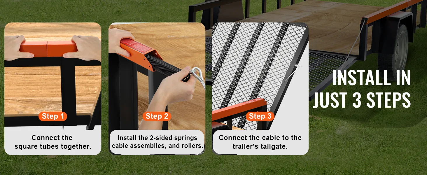 three-step installation of VEVOR trailer tailgate lift assist using square tubes, springs, and cable assembly.