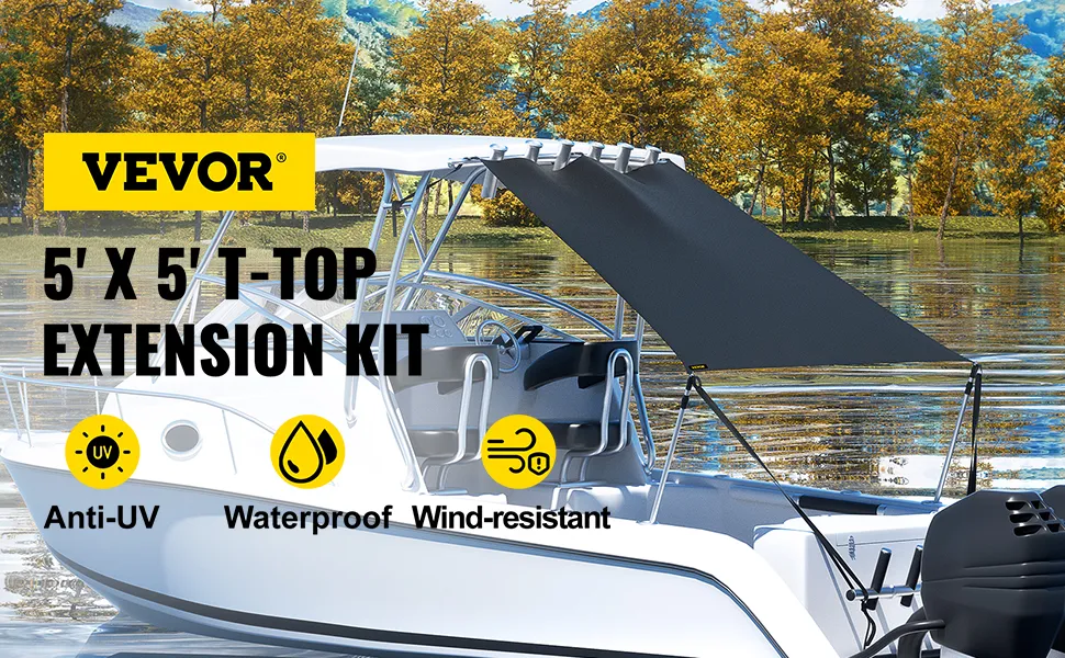 Kit de parasol VEVOR T-Top en uso en un barco blanco, mostrando sus características anti-UV, impermeables y resistentes al viento.