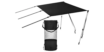 Kit de parasol tipo T VEVOR con bolsa de transporte de malla, toldo negro y postes de soporte ajustables.