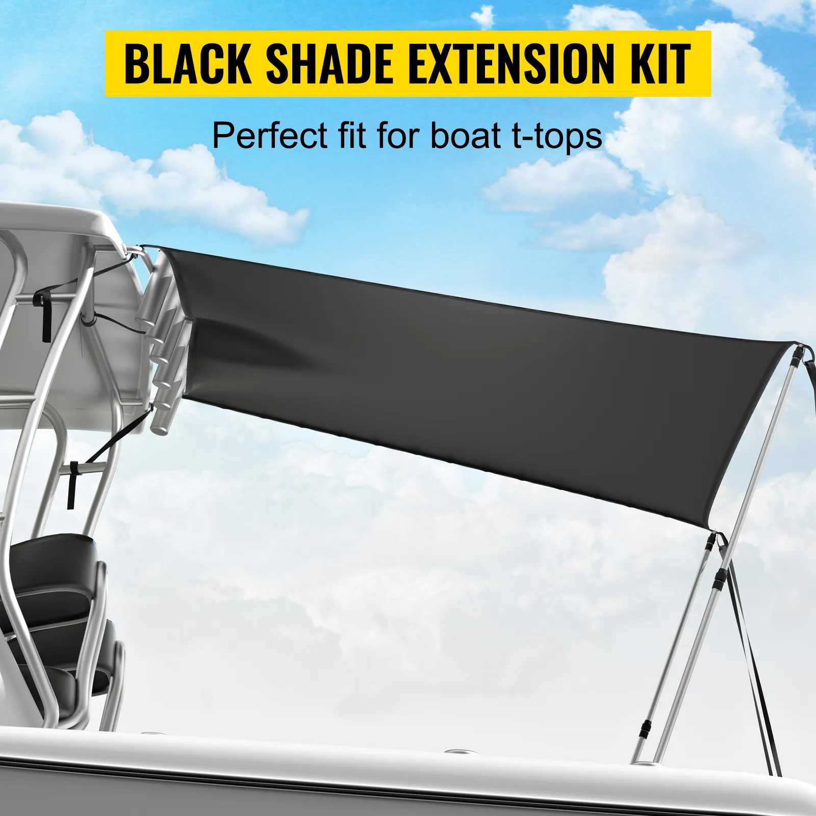 Kit de parasol para capota de barco VEVOR, extensión negra para capotas de barco, ajuste perfecto contra un fondo de cielo nublado.