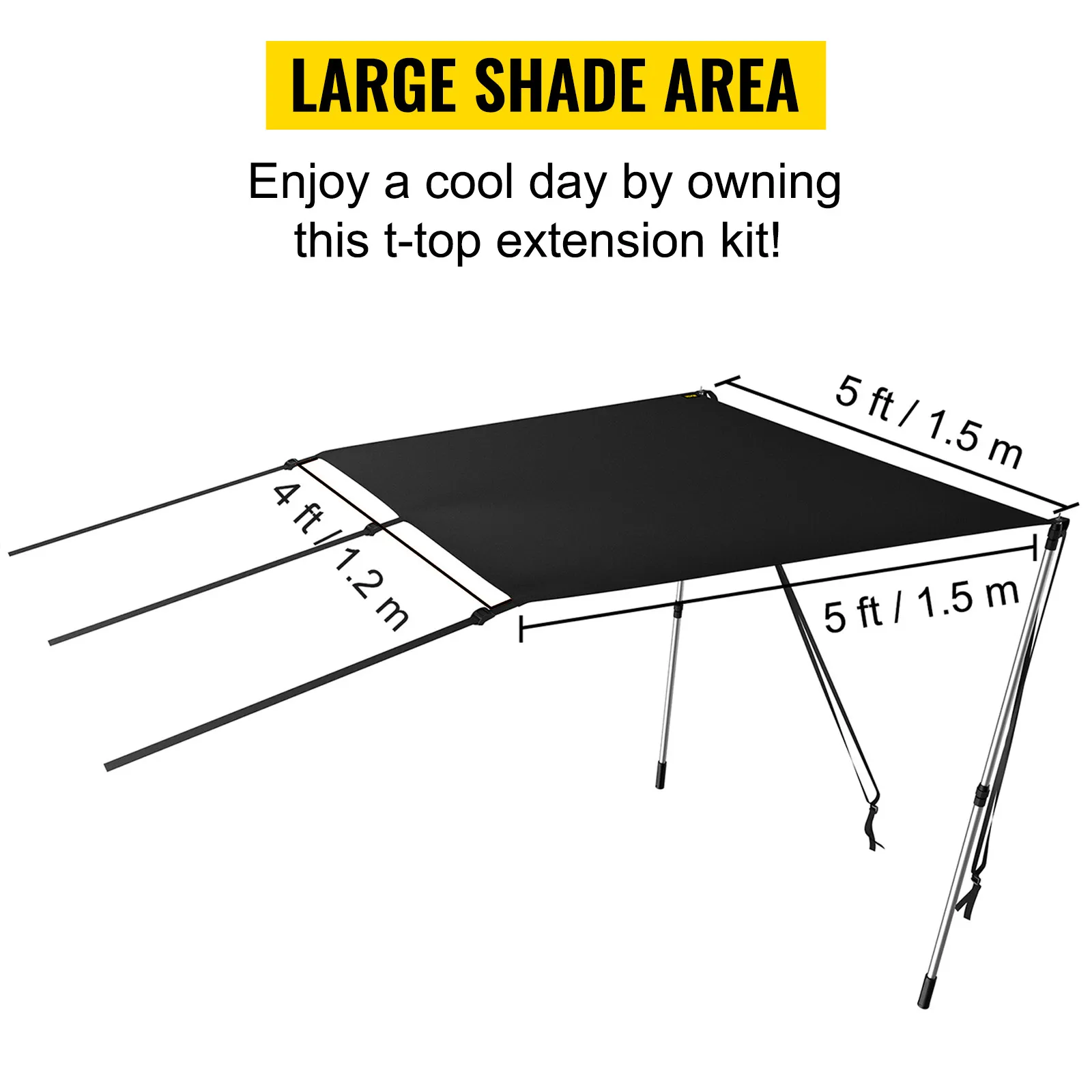 Kit de parasol tipo T VEVOR con gran toldo negro que proporciona un área de sombra de 5 pies, ideal para refrescarse al aire libre.