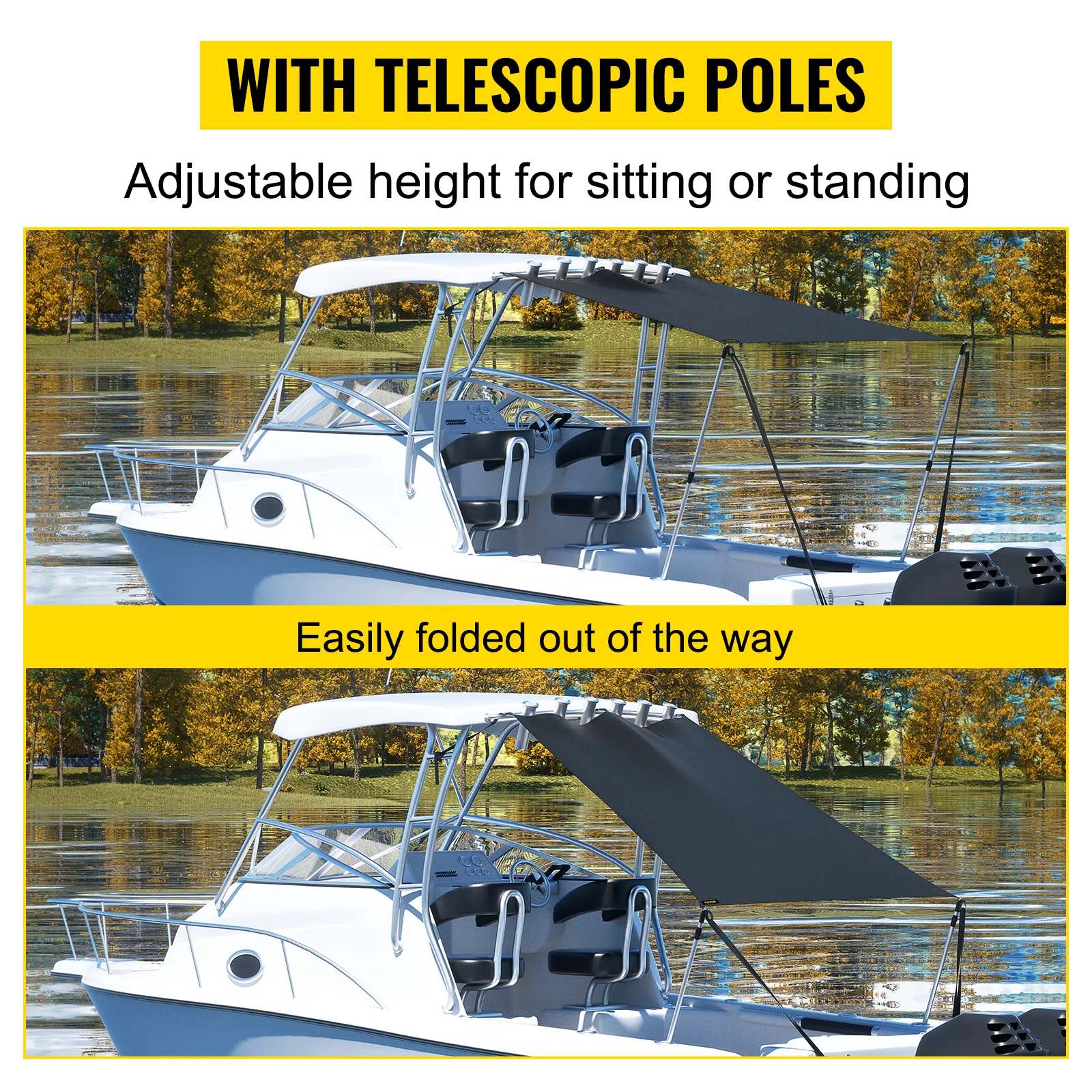 Embarcación con kit de parasol VEVOR T-top, con postes telescópicos y altura ajustable para mayor flexibilidad.