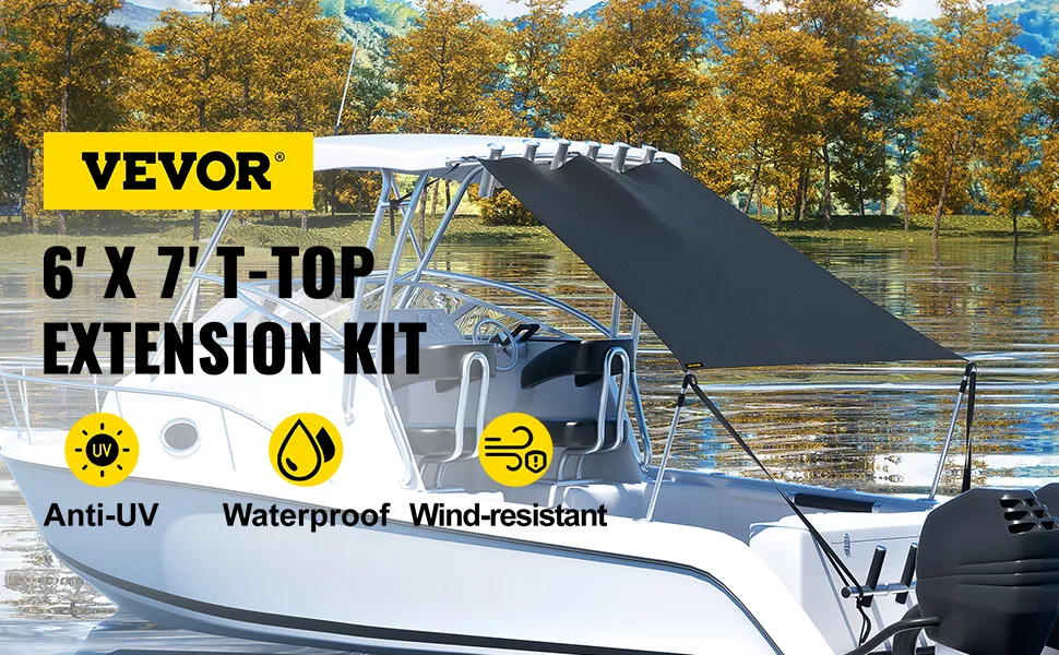Kit de parasol VEVOR T-top en un barco blanco, características anti-UV, impermeables y resistentes al viento mostradas.