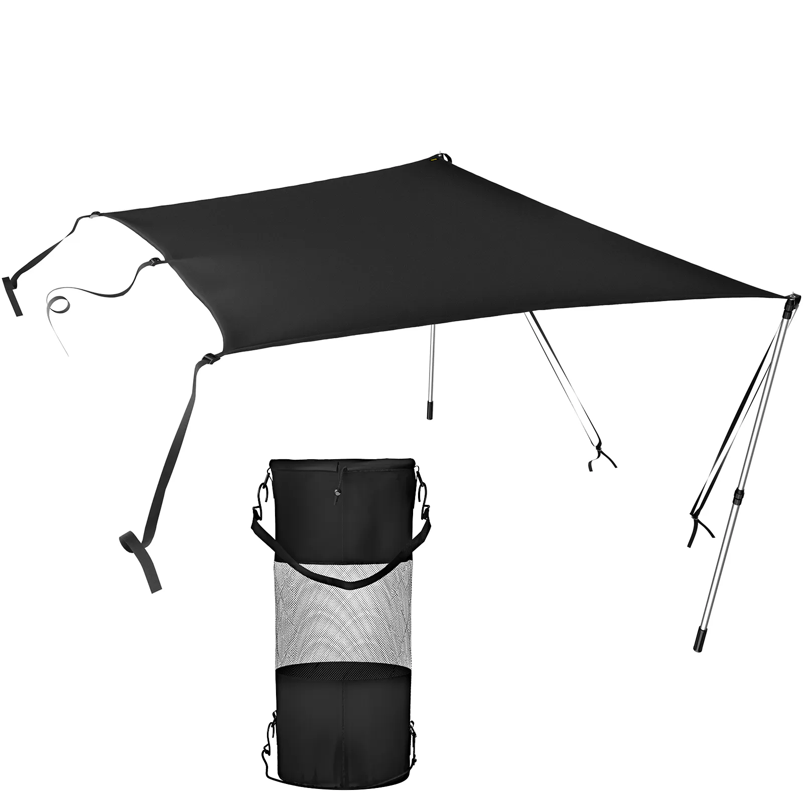 Kit de parasol tipo t-top VEVOR, toldo de tela negro con postes de soporte, incluye bolsa de almacenamiento.