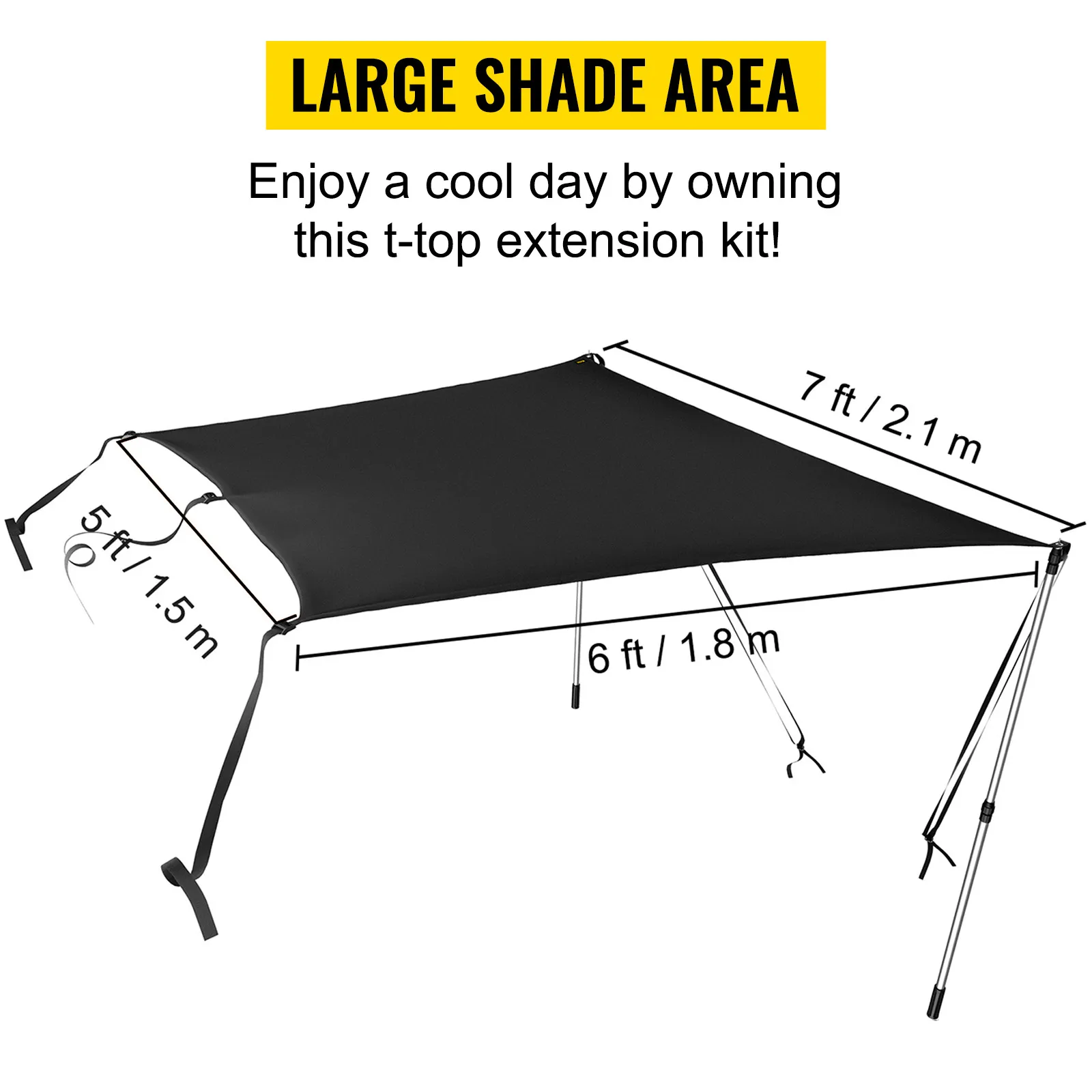 Kit de parasol tipo T VEVOR con cobertura de 7 pies x 6 pies, correas ajustables y postes para un área de sombra grande.