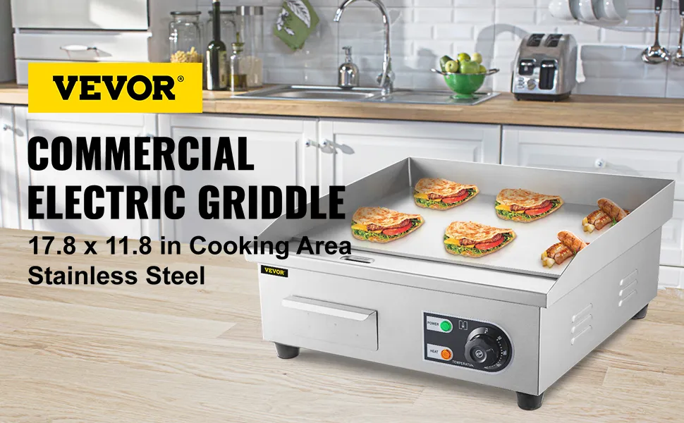 Plancha eléctrica VEVOR en acero inoxidable sobre encimera de cocina con cocción de alimentos.
