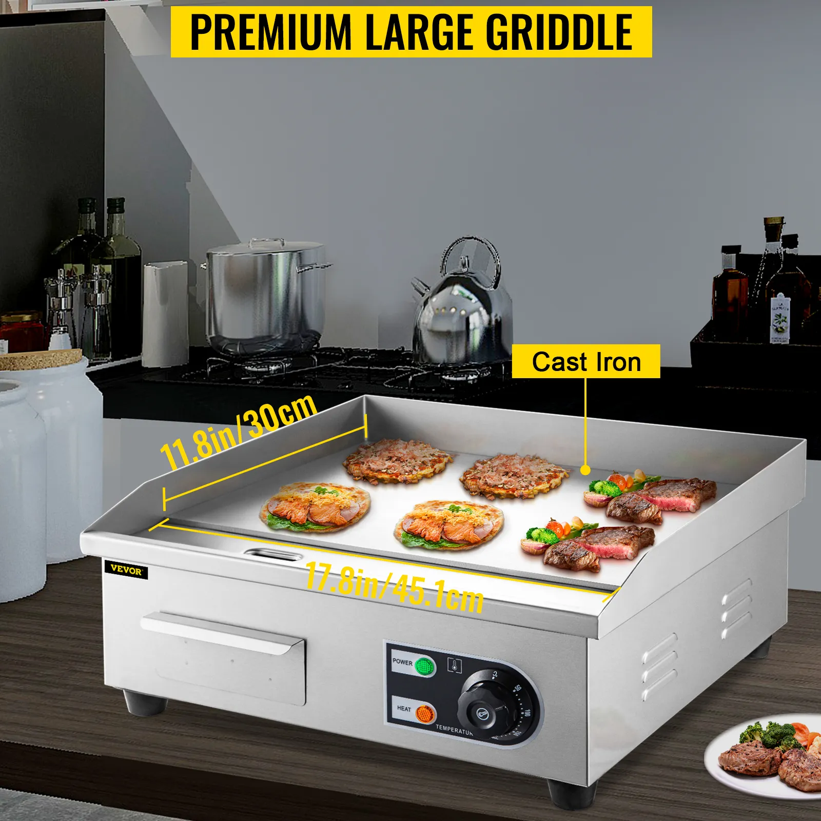 Plancha eléctrica VEVOR con cubierta de hierro fundido y medidores de alimentos en un entorno de cocina moderno.