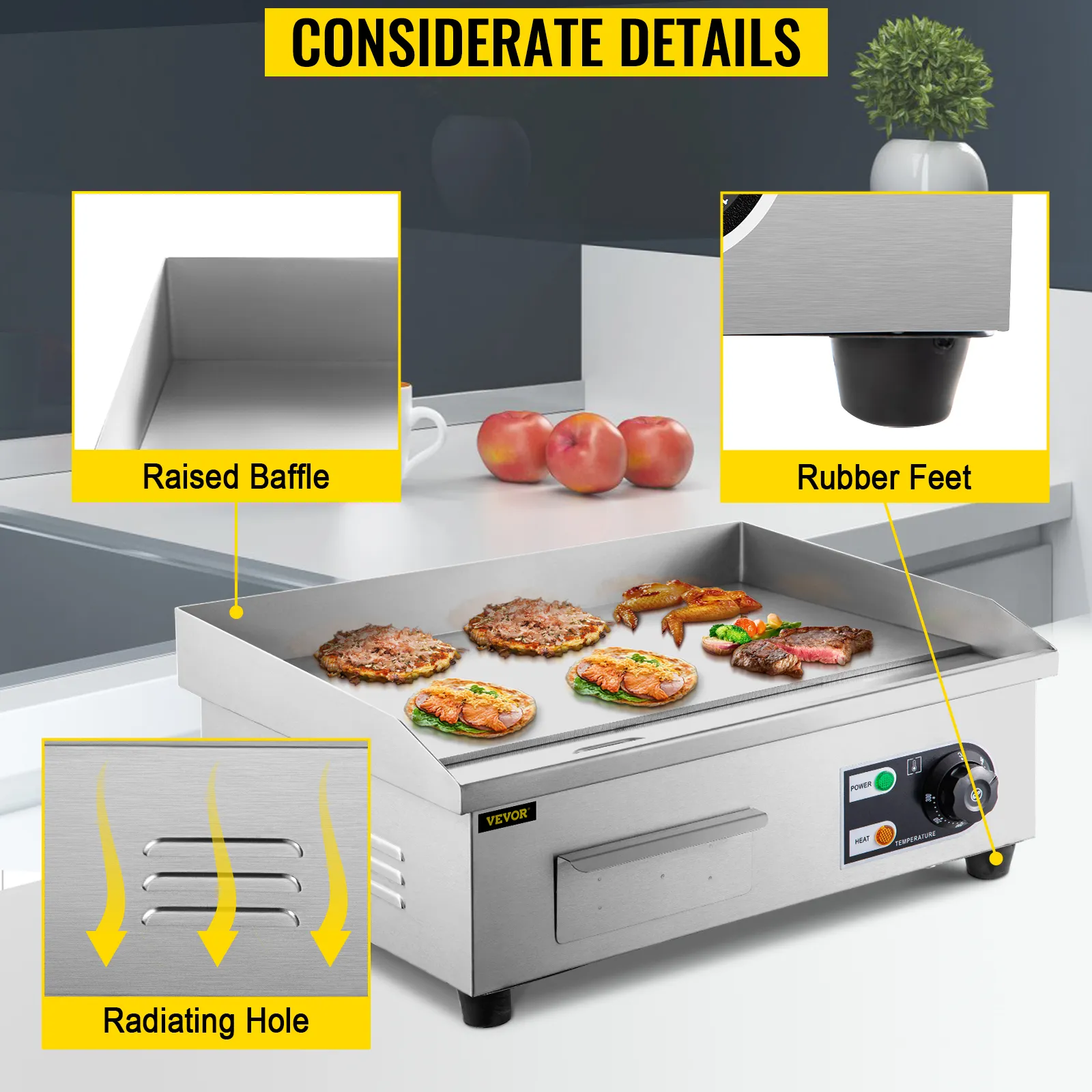 Deflector elevado y patas de goma en plancha eléctrica VEVOR con diseño de orificio radiante.