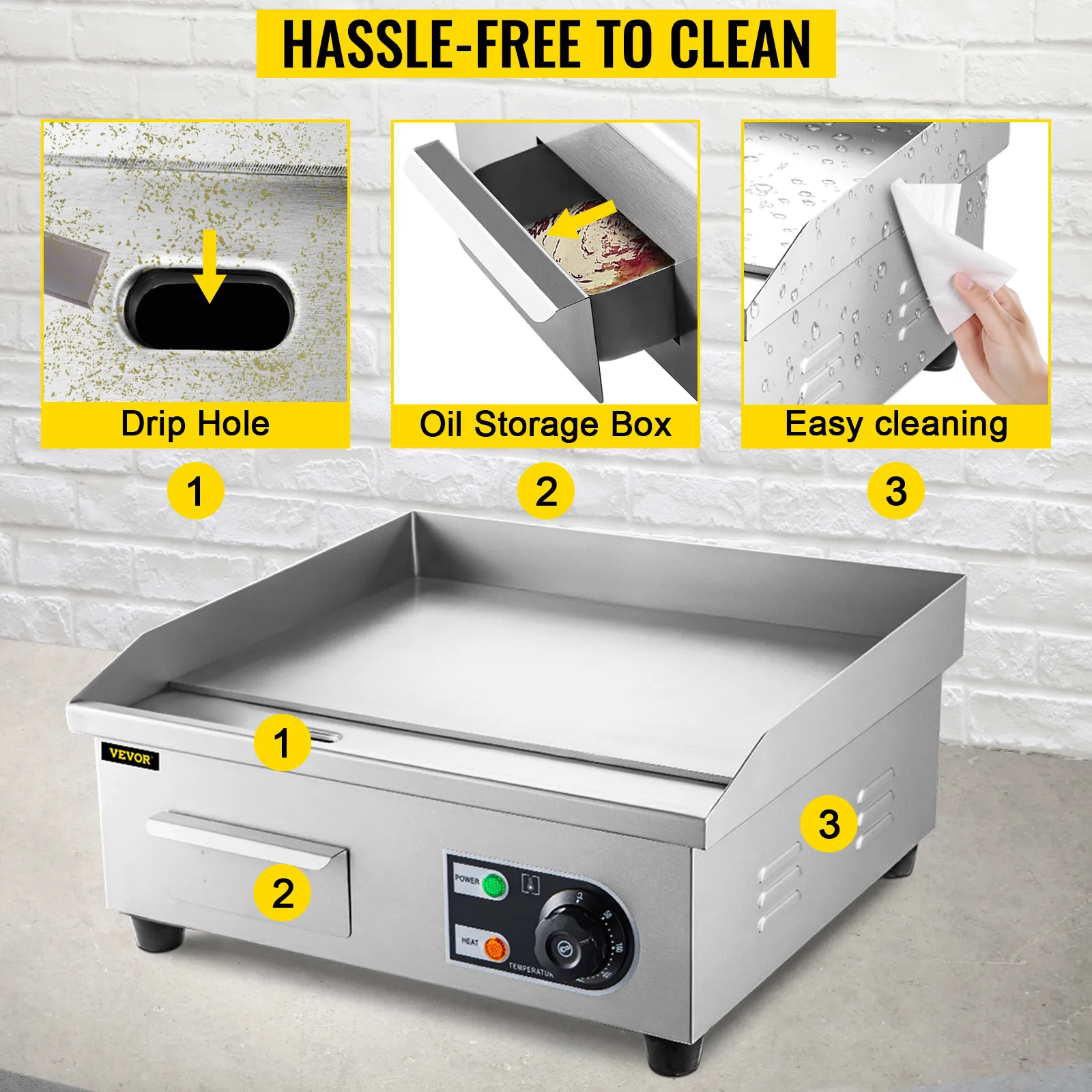 Plancha eléctrica VEVOR con orificio de goteo, caja de almacenamiento de aceite y funciones de fácil limpieza.