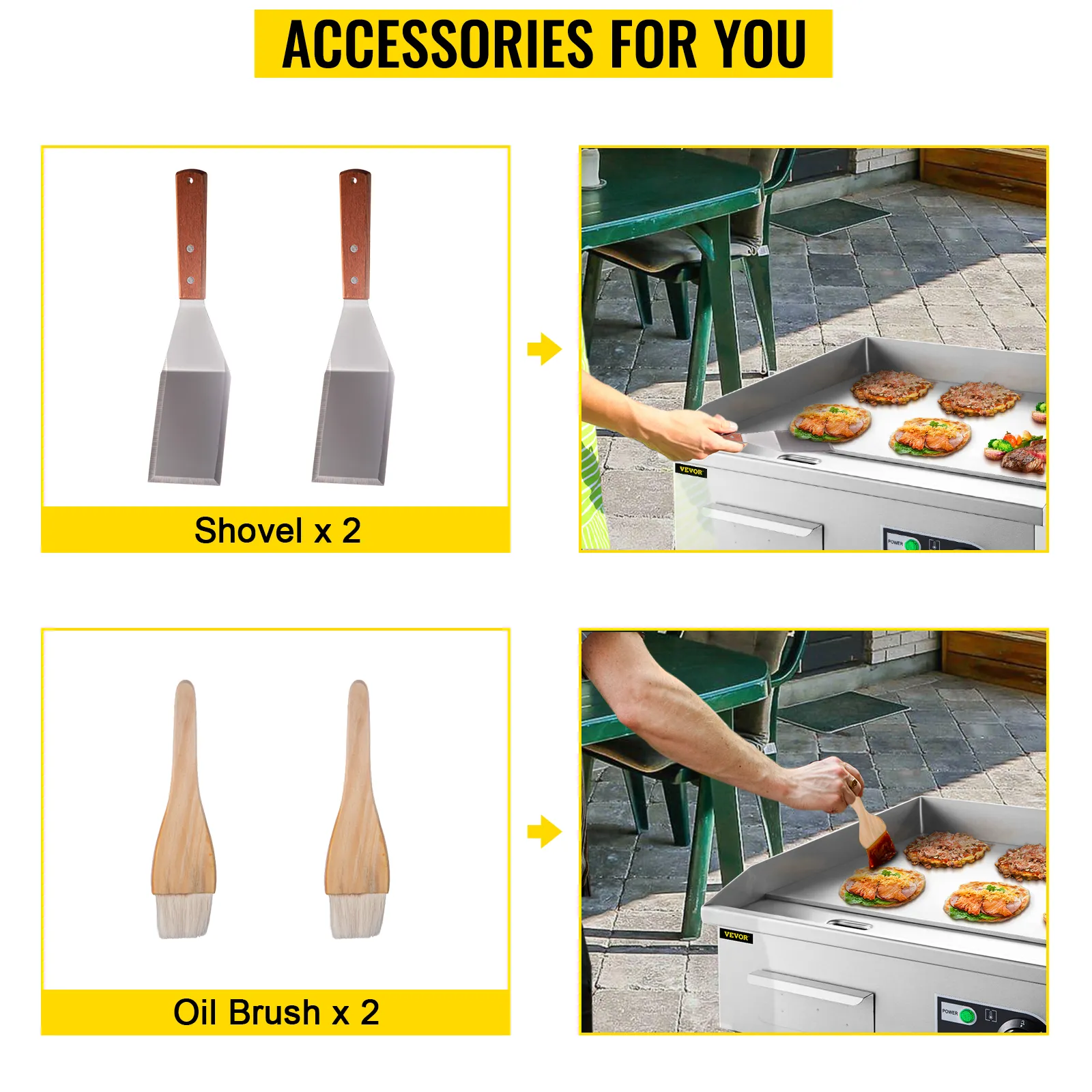 Plancha eléctrica VEVOR con palas y cepillos de aceite para cocinar al aire libre.