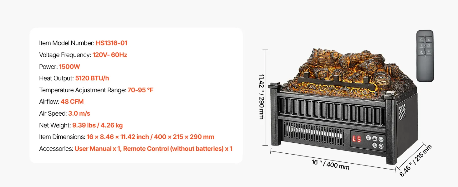 Cheminée électrique VEVOR, insert de cheminée de 40 cm, avec télécommande,  intensité de flamme réglable sur 5 niveaux, minuterie 24 h, protection  contre la surchauffe, thermostat, pour la décoration de la maison