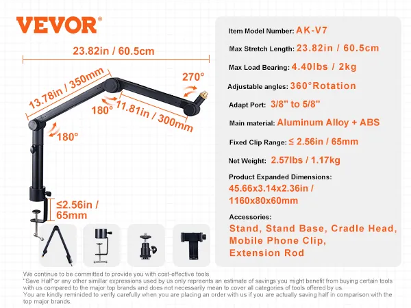 Braccio per microfono VEVOR AK-V7 con angoli regolabili, lega di alluminio e materiali ABS.