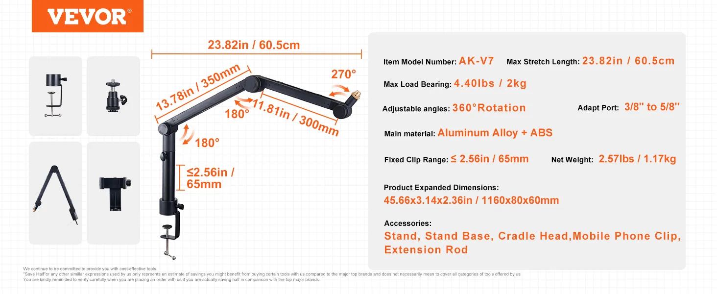 Braccio per microfono VEVOR AK-V7 con angoli regolabili, lega di alluminio e materiali ABS.