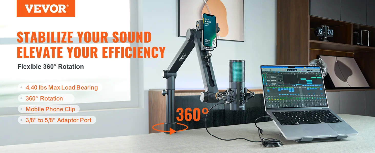 Braccio per microfono VEVOR con rotazione a 360°, clip per telefono e capacità di carico di 4,40 libbre.