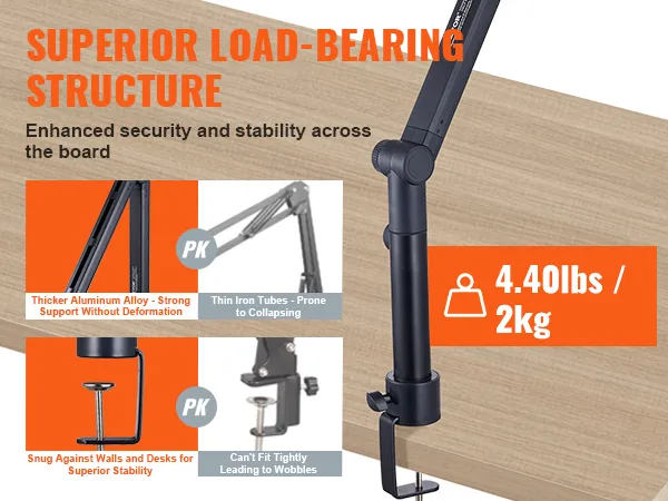 Il braccio per microfono VEVOR offre una capacità di carico superiore, una maggiore stabilità e supporta fino a 2 kg.