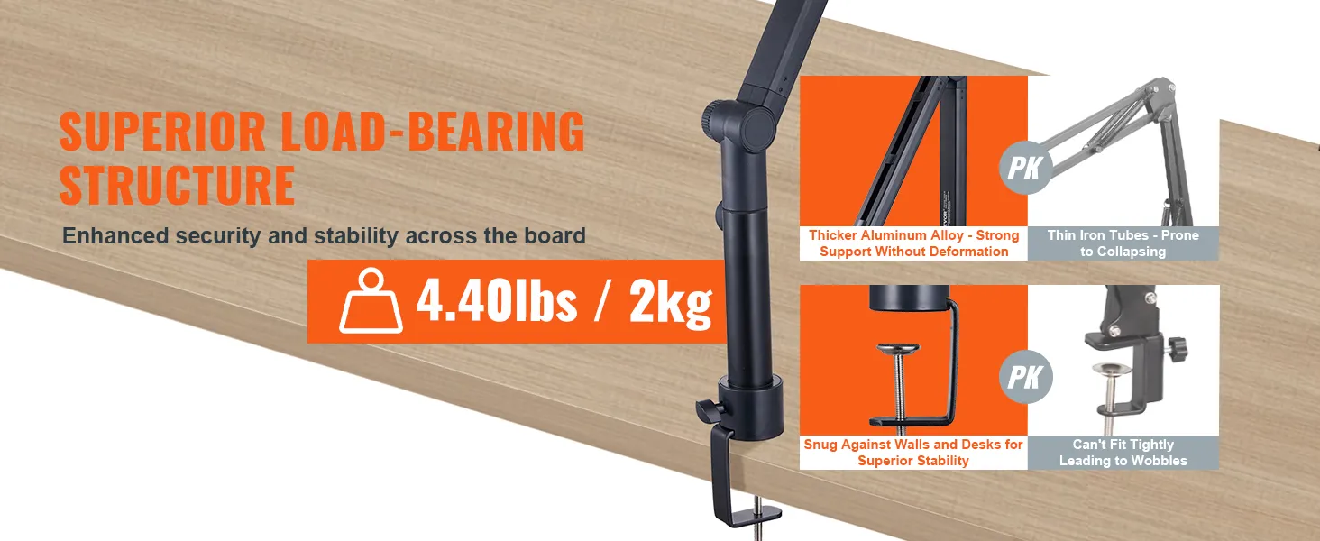 Il braccio per microfono VEVOR offre una capacità di carico superiore, una maggiore stabilità e supporta fino a 2 kg.