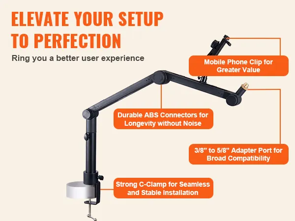 Braccio per microfono VEVOR con clip per telefono cellulare, connettori ABS resistenti e robusto morsetto a C.