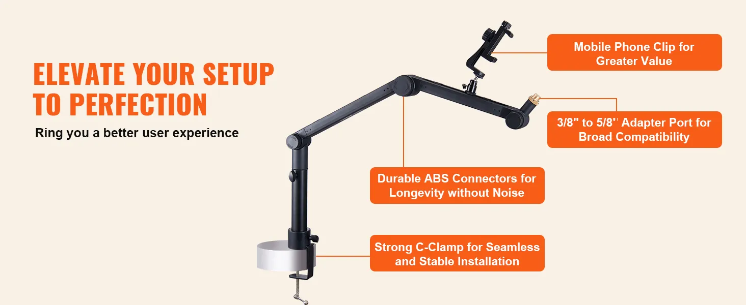 Braccio per microfono VEVOR con clip per telefono cellulare, connettori ABS resistenti e robusto morsetto a C.