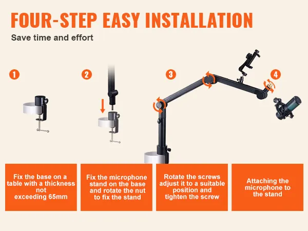 guida in quattro passaggi per l'installazione del braccio per microfono VEVOR: fissare la base, fissare il supporto, regolare la posizione, collegare il microfono.