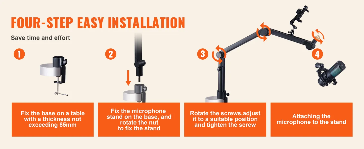 guida in quattro passaggi per l'installazione del braccio per microfono VEVOR: fissare la base, fissare il supporto, regolare la posizione, collegare il microfono.