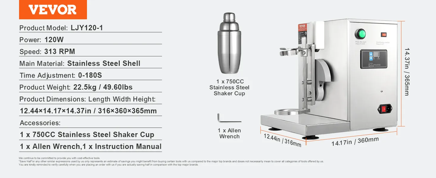 VEVOR milkshake maker with stainless steel shell, 120w, 313 rpm, 750cc shaker cup, and time adjustment.