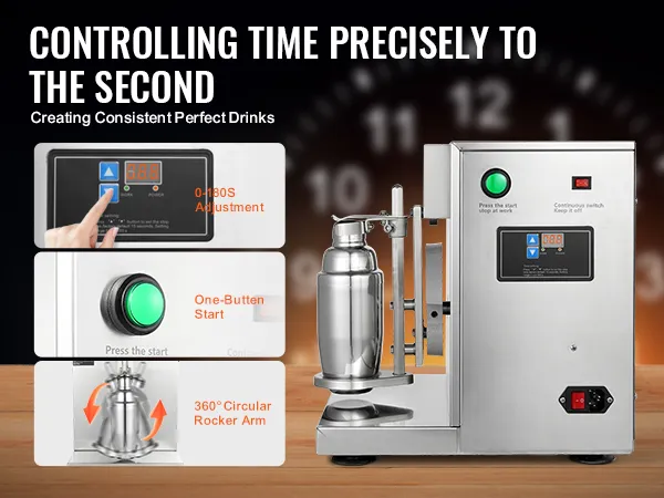 VEVOR milkshake maker with precise timing, 0-180s adjustment, one-button start, and 360-degree rocker arm.