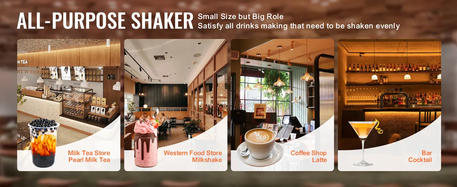 all-purpose shaker for milk tea, milkshakes, lattes, and cocktails in various store settings. VEVOR milkshake maker.