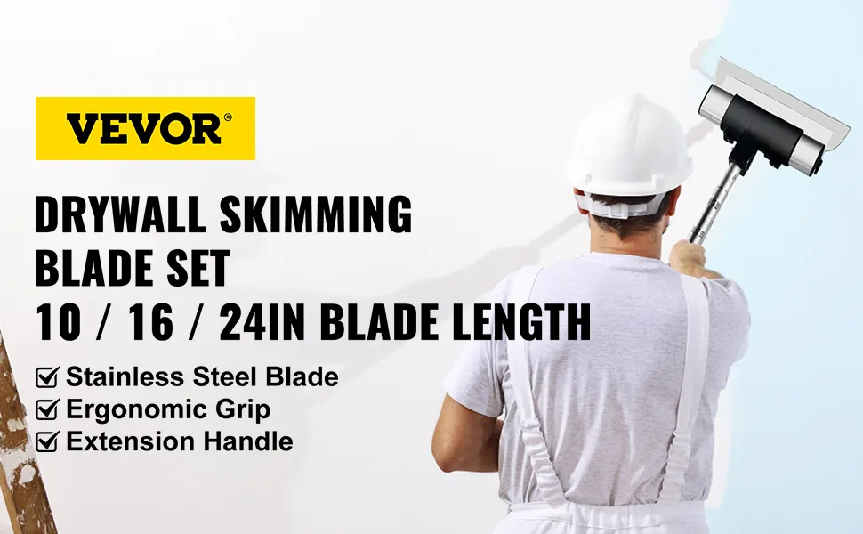 worker using VEVOR skimming blade set with ergonomic handle and stainless steel blade for drywall.