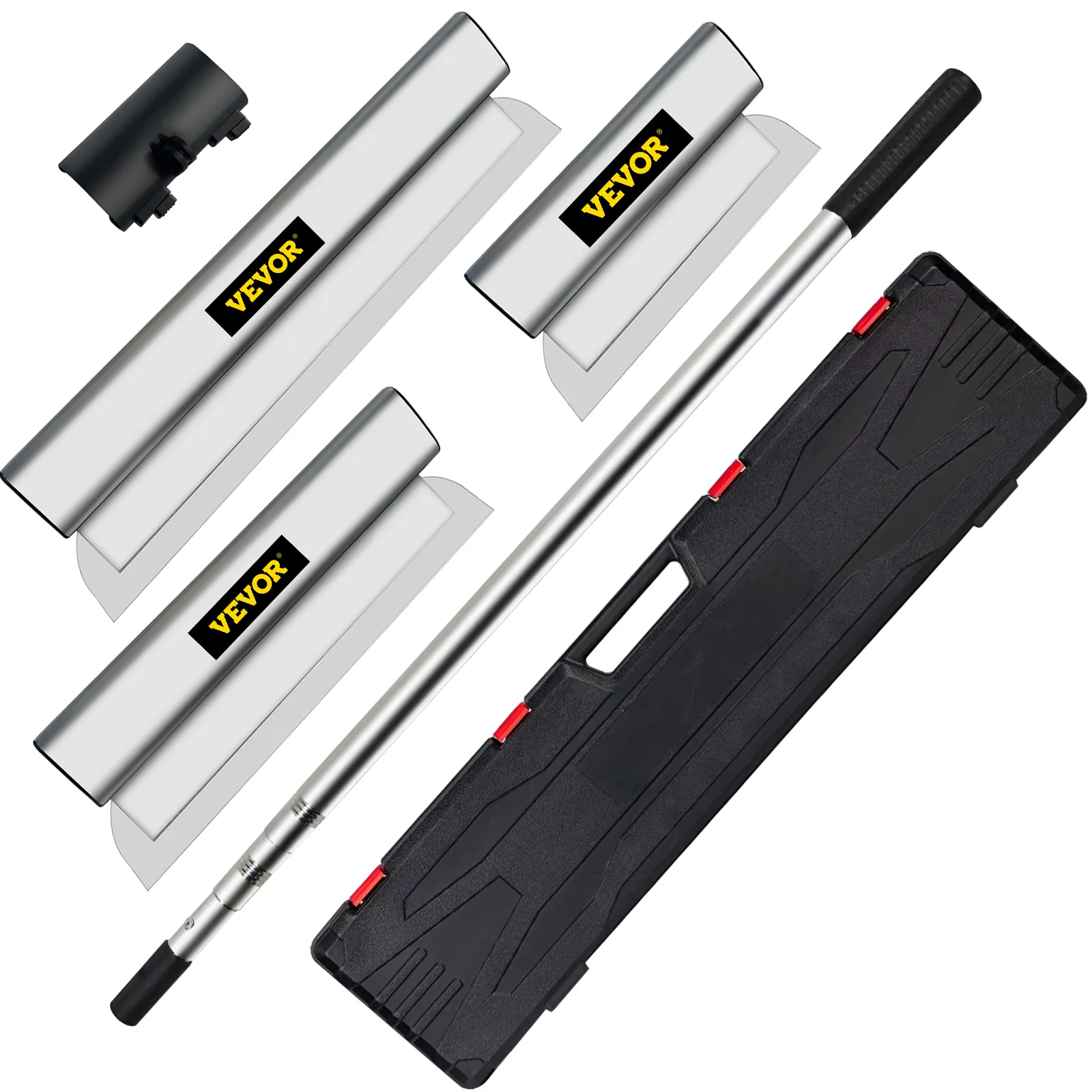 VEVOR skimming blade set with three blades, extension handle, adapter, and black carrying case.