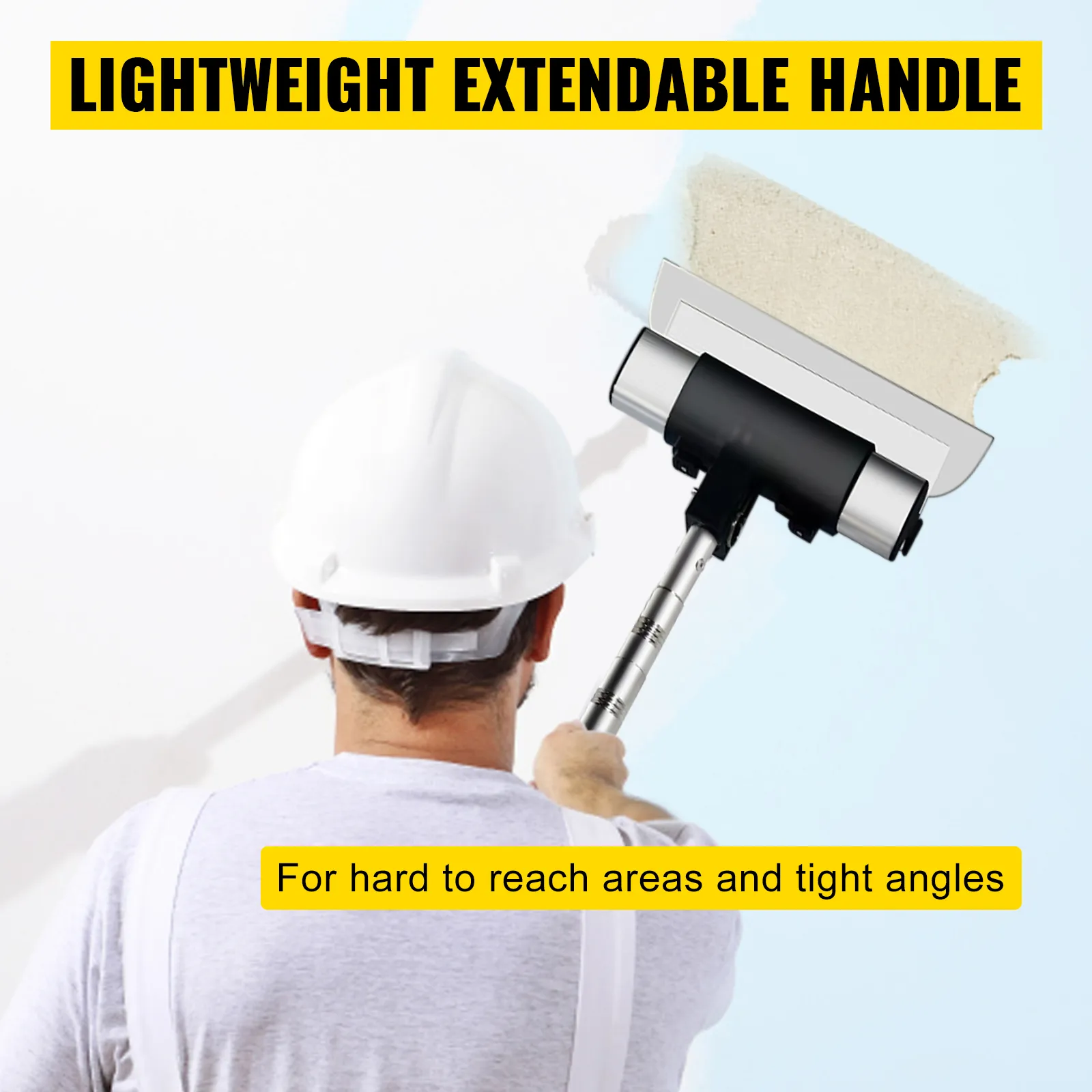 construction worker using VEVOR skimming blade set with extendable handle for hard-to-reach areas.