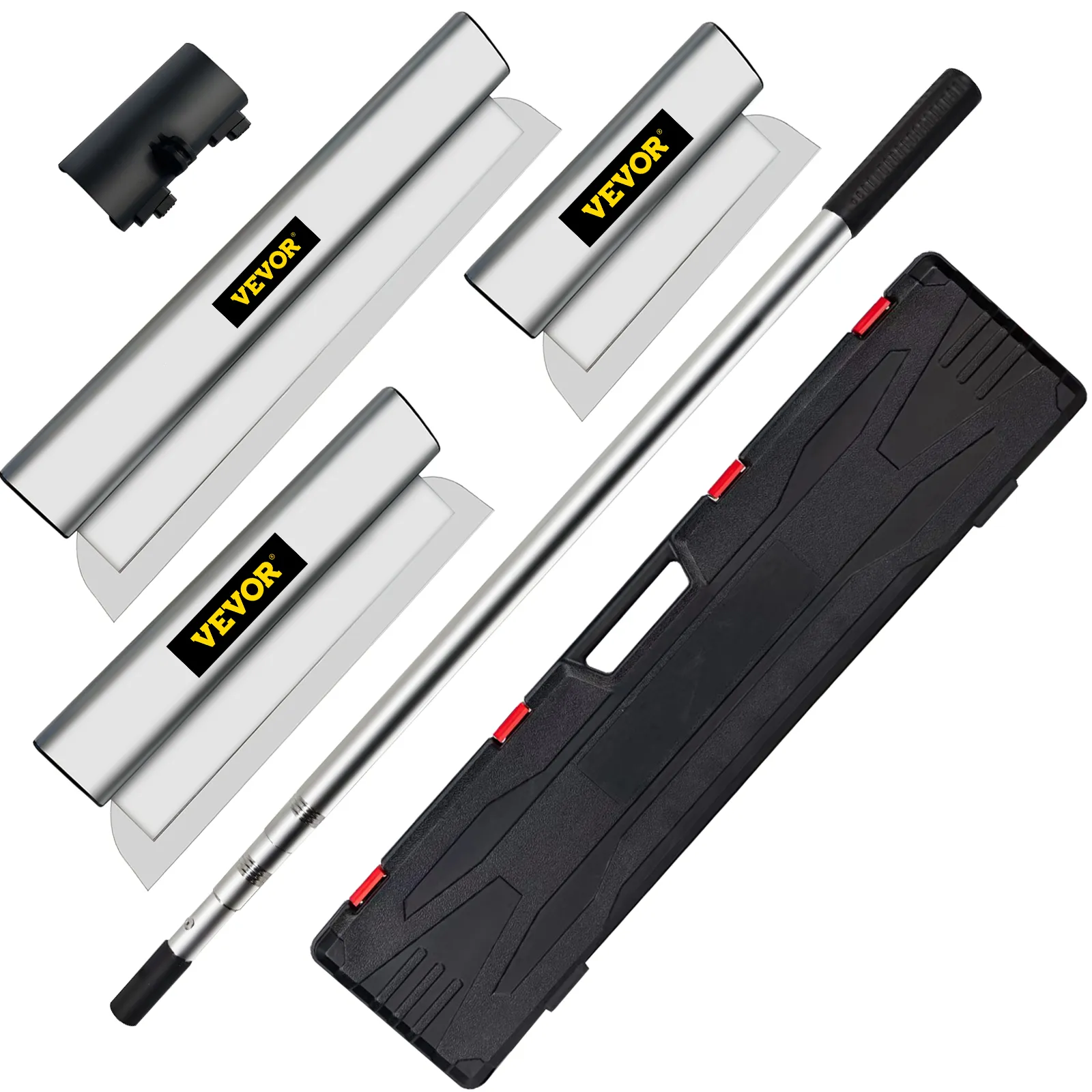 VEVOR skimming blade set with extendable pole, carrying case, and multiple blade sizes.