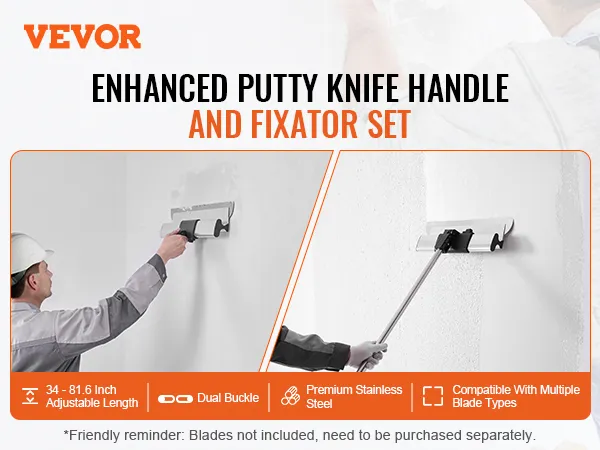 VEVOR drywall skimming kit features an adjustable putty knife handle and premium stainless steel fixator set.