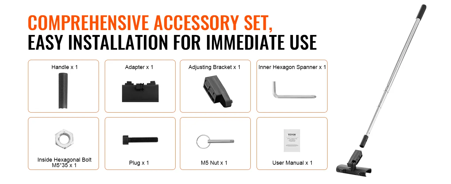 VEVOR drywall skimming kit, accessory set with handle, adapter, bracket, spanner, bolts, and manual.