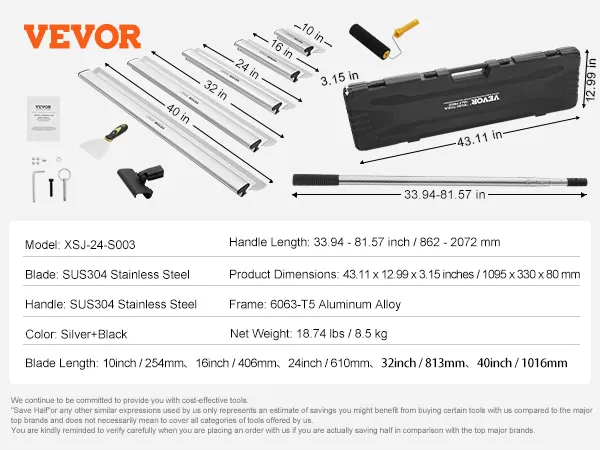 VEVOR drywall skimming blade set with stainless blades, adjustable handle, and carrying case.