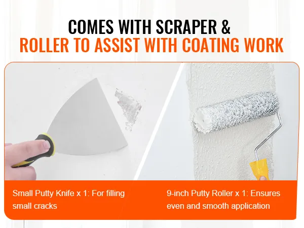 hand holding small putty knife for cracks and roller ensuring smooth application, VEVOR drywall skimming blade set.