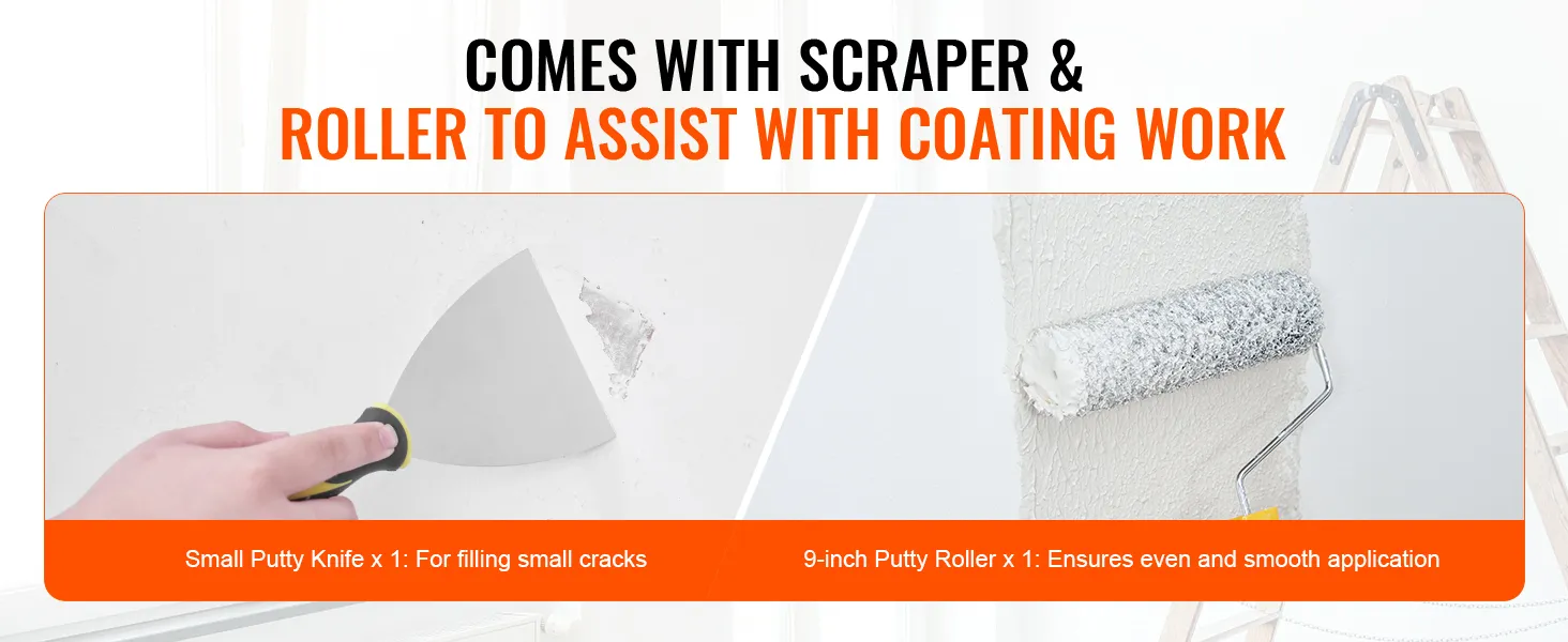 hand holding small putty knife for cracks and roller ensuring smooth application, VEVOR drywall skimming blade set.