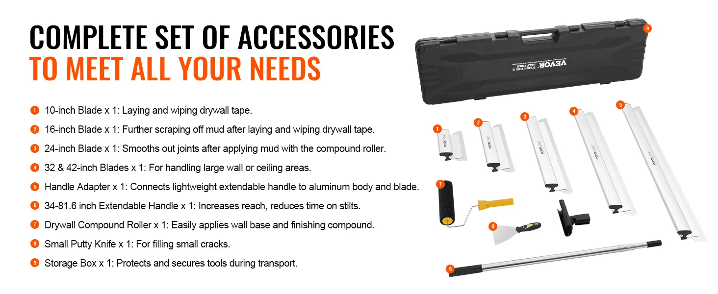complete VEVOR drywall skimming blade set with blades, handle, roller, putty knife, and storage box.