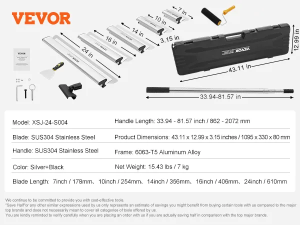 VEVOR drywall skimming blade set with sus304 blades, extension handle, storage case, and accessories