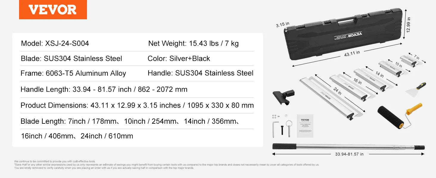 VEVOR drywall skimming blade set with sus304 blades, extension handle, storage case, and accessories