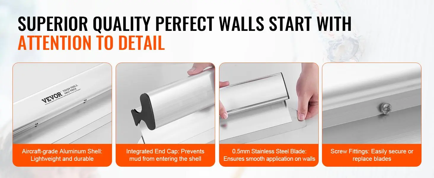 VEVOR drywall skimming blade set with stainless steel blade, aluminum shell, and secure screw fittings.