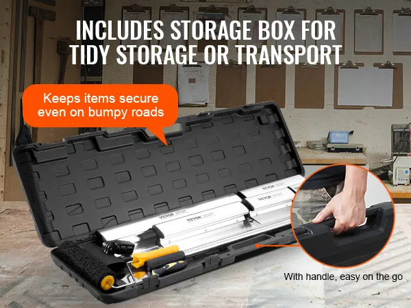 VEVOR drywall skimming blade set in storage box for easy transport and secure storage in workshop.