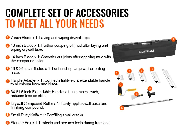 complete VEVOR drywall skimming blade set with various blades, handle, roller, knife, and storage case.