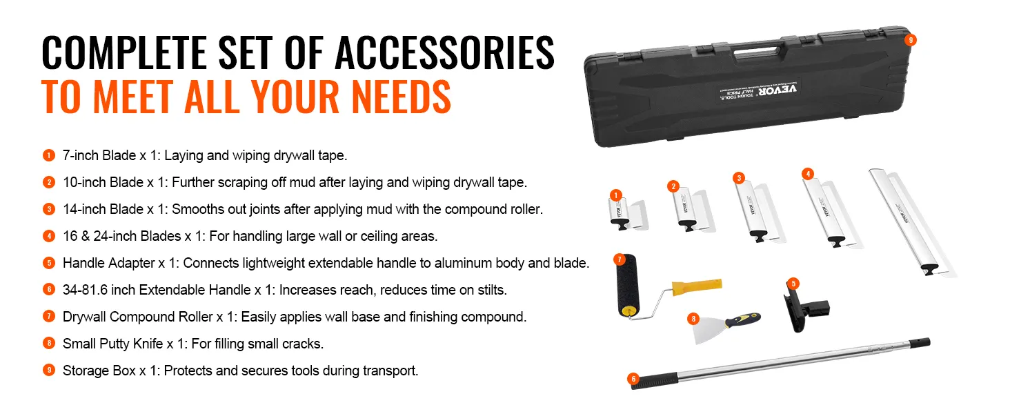 complete VEVOR drywall skimming blade set with various blades, handle, roller, knife, and storage case.