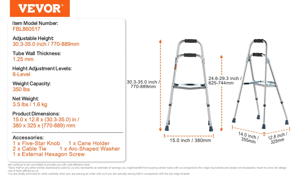 VEVOR hemi walker with adjustable height, 6-level adjustment, 350 lbs capacity, and additional accessories.