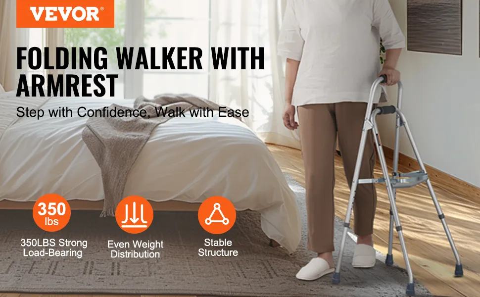 VEVOR hemi walker with armrest displayed in bedroom, emphasizing 350lbs capacity and stability.