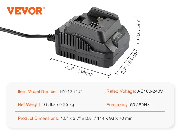 VEVOR battery charger specifications: voltage ac100-240v, weight 0.8 lbs, dimensions 4.5" x 3.7" x 2.8".